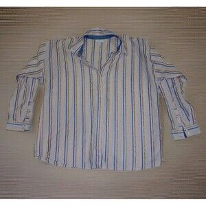 J. Jill Pink w/ Blue & Gold Shimmer Striped Button Up Shirt Long Sleeve Top Sz L